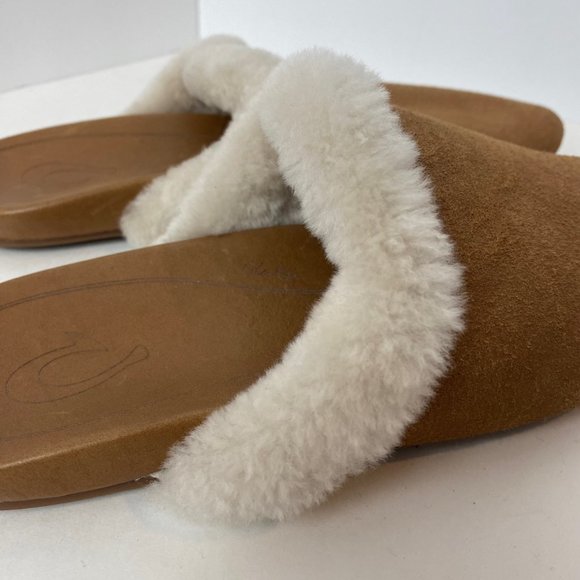 Women's OluKai Lomo Hulu Leather NZ Wool Shearling Slippers Size 7 - Picture 5 of 11
